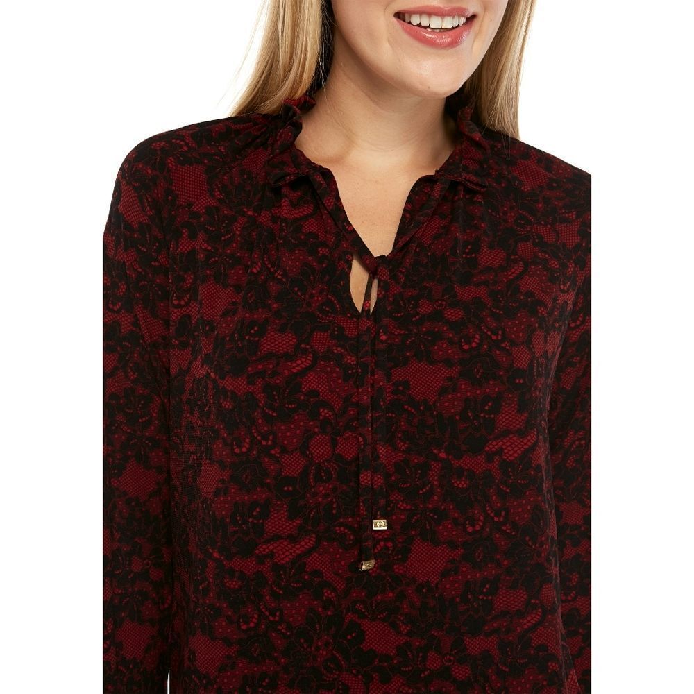 New! MICHAEL KORS Women's Lace Print Ruffled Tie-Neck Top Blouse XS Red Black - Picture 2 of 4